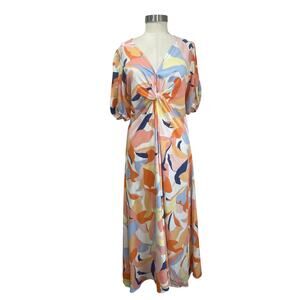 White Closet Elements Colorful Twist Front Puff Sleeve Boho Maxi Dress Size L
